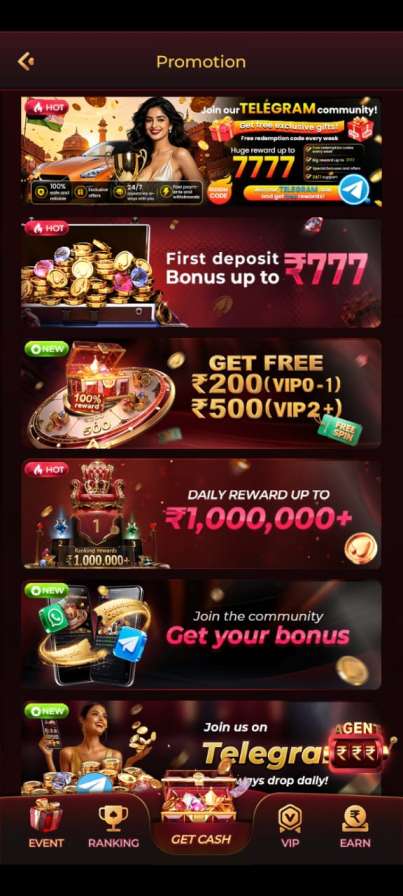 IC7 App promotion screen showing welcome bonus, daily rewards, cashback offers, VIP program, and promotional banners.