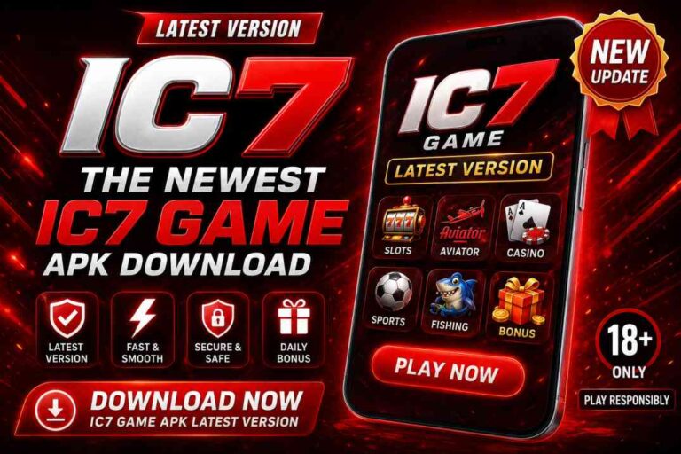 IC7 latest version game APK download banner with red gaming design
