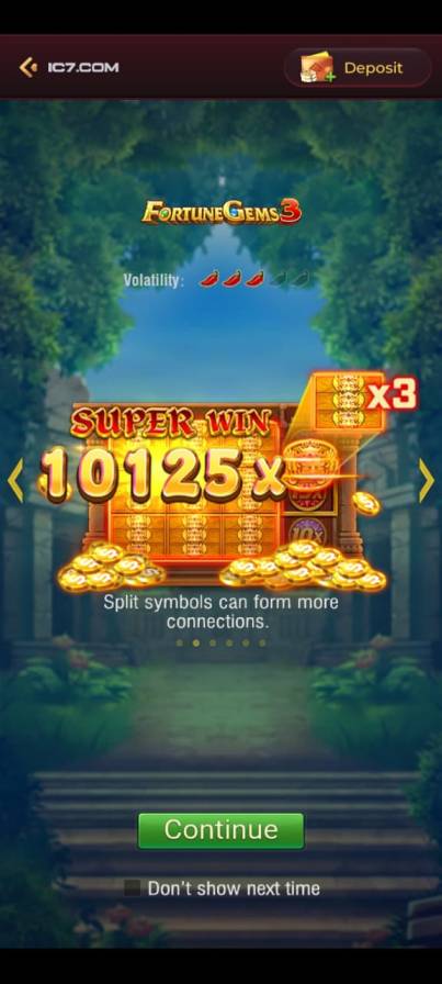 IC7 APK Fortune Gems themed game interface featuring colorful gems, bonus symbols, multipliers, and animated gaming effects.